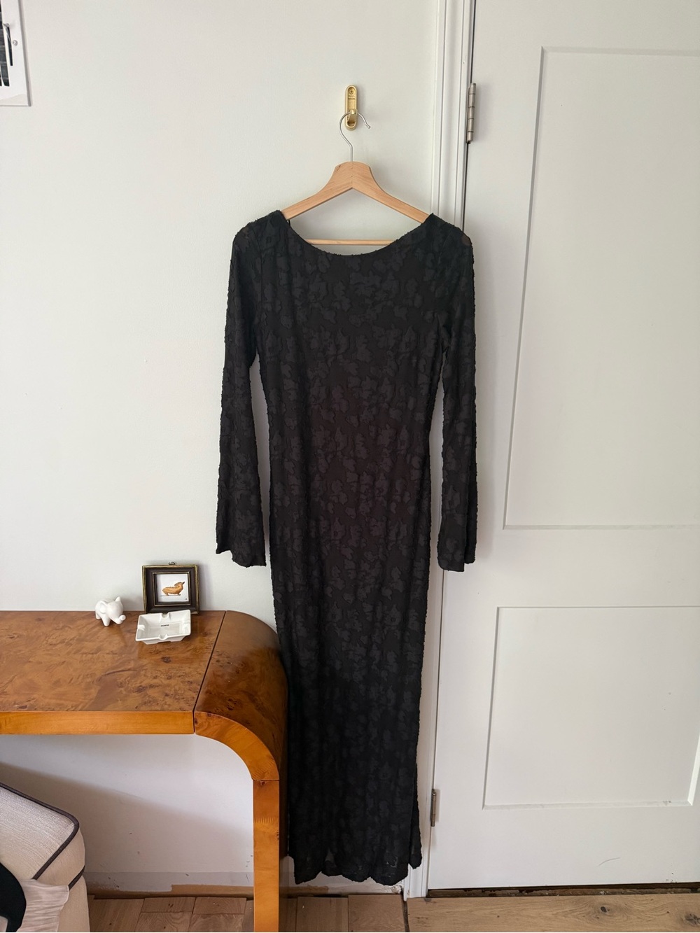 Black jacquard mermaid cut scoop back maxi dress